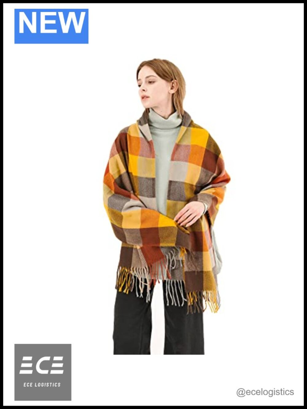 Cashmere Feel Plaid Scarf Shawl Wrap Tassel Open Front Poncho Travel